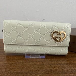Gucci Ivory Guccissima Leather Long Wallet with Heart Gold Detail with Box